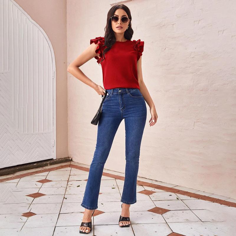 

Women' Blouses & Shirts Summer Clothes For Women Chiffon Fashion Ruffles Sleeveless Casual Crew Neck T-shirts Slim Solid Top Shirt FemaleWo, Green