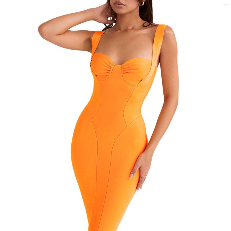 

Casual Dresses Women' Summer Retro Long Dress Sleeveless V-neck Solid Color Slim Female Elegant Clubwear, Orange