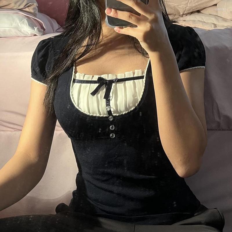 

Women' T Shirts Korean Preppy Style Kawaii Bow Crop Top Vintage Patchwork Square Collare Puff Sleeve Milkmaid Harajuku Grunge T-shirt Women, Black