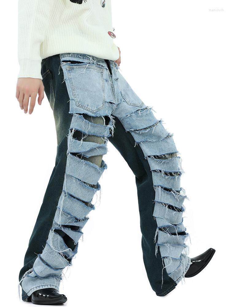

Men' Jeans Heavy Process Destroys Knife Cut Tassel Do Old Design Sense Denim Patchwork Men Women Loose Washed, Blue
