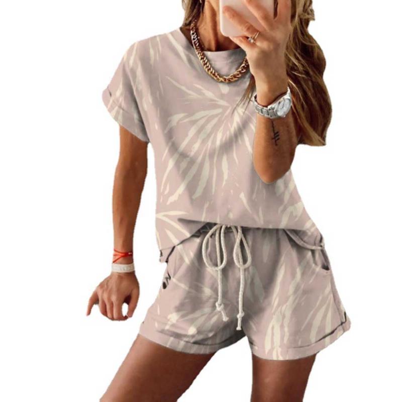 

Women' Tracksuits Tie Dye Short Sets Two Pcs Sale Summer Gradient Printed Sleeve T-shirts And High Waist Stretch Loose Wide Leg Suits, Blue white flowers