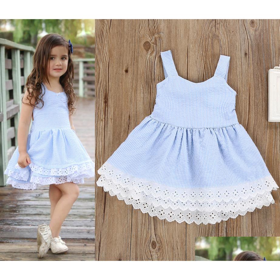 

Girl'S Dresses Kids Double Cake Dress Bandage Bow Elastic Lace Striped Vest Midriff Skirt Baby Girls Princess Summer Clothing Outfit Dhcps, Blue striped