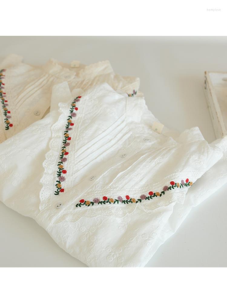 

Women's Blouses Lamtrip Unique 2023 Ruffled Collar V Lacing Colorful Embroidery Cotton Pleated Long Sleeve Shirt Blouse Women, Beige