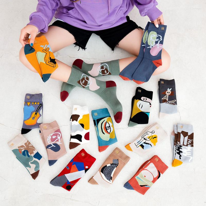 

Women Socks Unisex Painting Style Cotton Crew Cool Contrasting Color Graffiti Character Streetwear Skateboard Size 35-40, 10