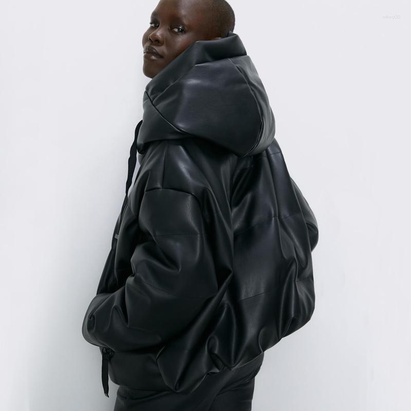 

Women' Leather PU Parkas Women Fashion Hooded Faux Coats Elegant Zipper Cotton Jackets Female Ladies, Black