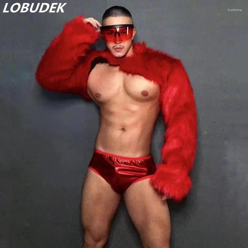 

Stage Wear Fur Shoulder Sleeve Shorts Outfit Sexy Bar Club Festival Rave Party Costume Male Women Gogo DJ Pole Dance Performance, Red