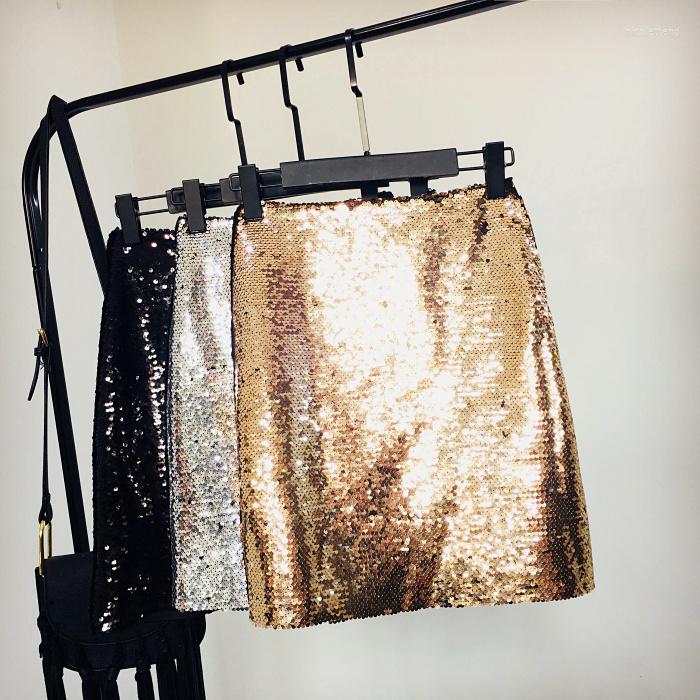 

Skirts Women Sexy Bodycon Skirt Female Autumn Winter Silver Sequins High Waist Ladies Chic Package Hip One Step, Black