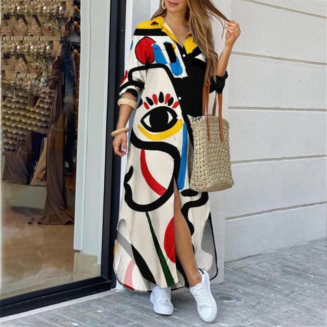 

Casual Dresses Boho Single Breasted Button Irregular Long Women Sundress Sexy Turn-down Collar Face Print Maxi Vestido 230217, Style 14