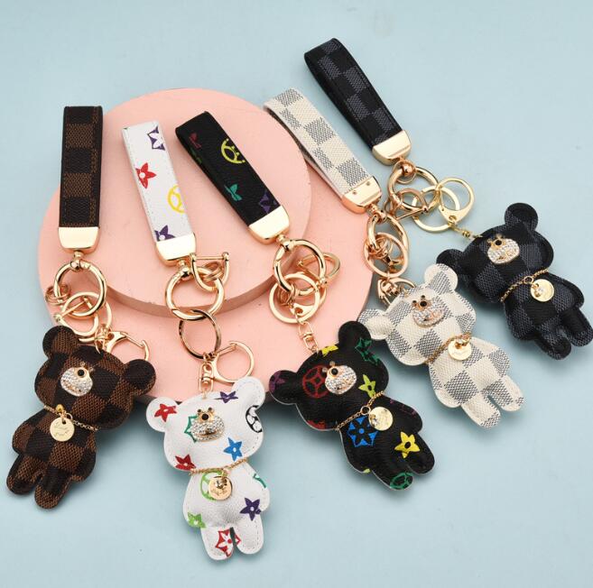 

6style Fashion Bear Design Car Keychain Favor Flower Bag Pendant Charm Jewelry Simple Keyring Holder for Men Women Couple Gift PU Leather Keychains
