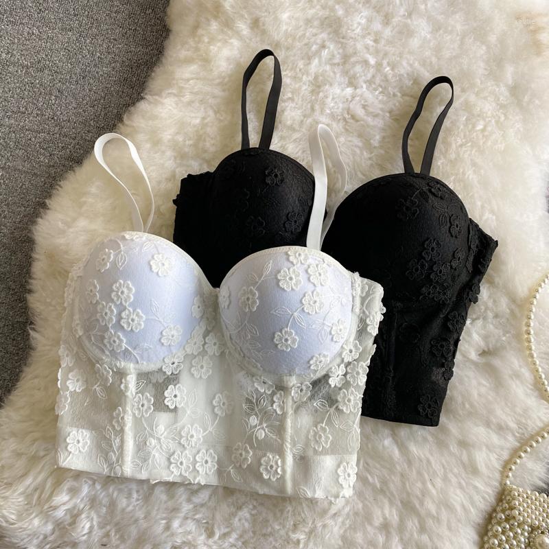 

Women's Tanks Vintage French Chic Camis For Women Spaghetti Strap Mesh Spliced Embroidery Femme Croset Crop Tops With Built In Bras Tank, Black