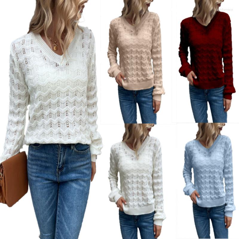 

Women's Sweaters Autumn And Winter 2023 Casual Solid Hollow Sweater Top Women's V-neck Fashion Wear, Burgundy