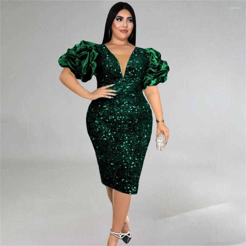 

Plus Size Dresses Christmas Sequined Skinny Party Dress Women V Neck Puff Short Sleeve Bodycon Knee Length Elegant Vestidos Night Club, Green