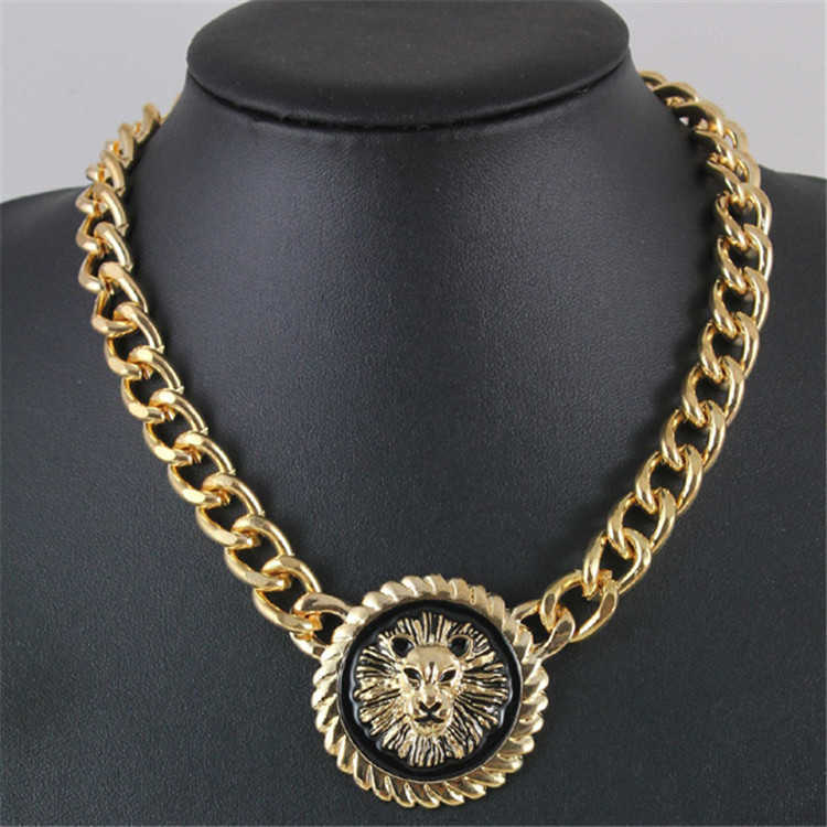 

Fashion European Style Trendy Gold Silver Lion Head Pendant With Cuban Chain Necklace For Mens