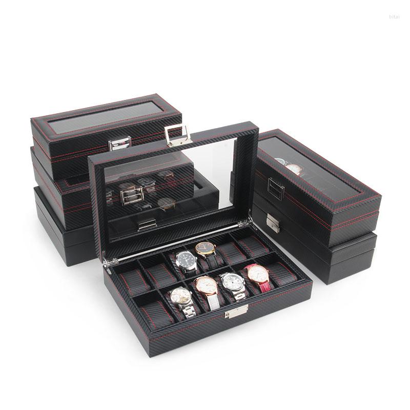 

Jewelry Pouches TONVIC 1Pc Watch Display Box Storage Collection Luxury Carbon Fiber Design Black Leatherette Fashion Case