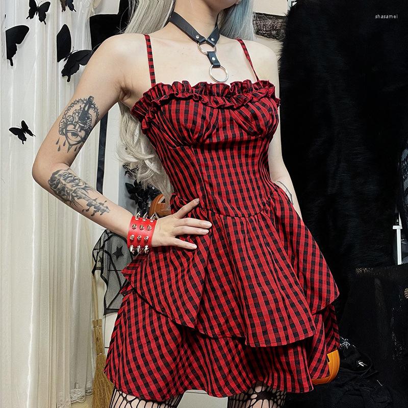 

Casual Dresses Combhasaki Women Sexy Christmas Slip Vintage Classic Plaid Print Spaghetti Strap Frill Ruffled A-Line Mini Dress For Party, Black