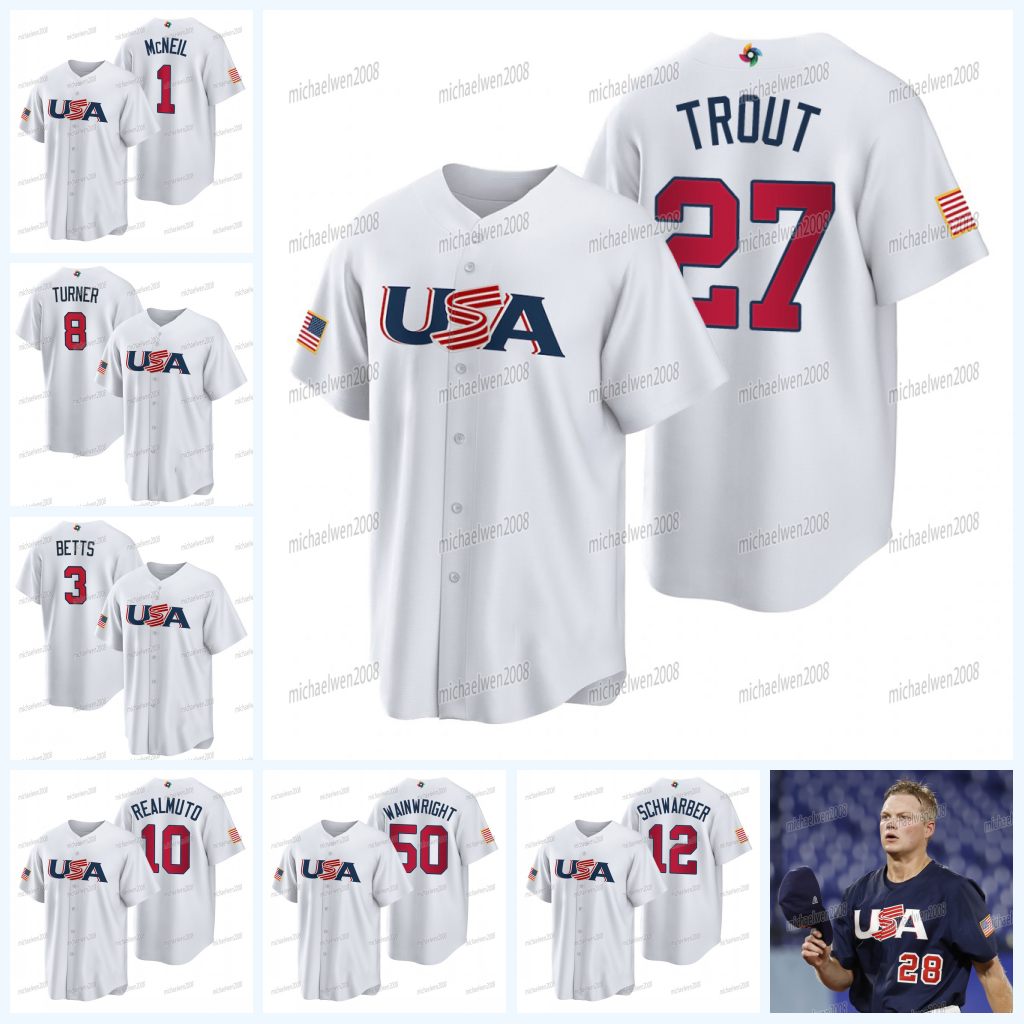 

Team USA 2023 World Baseball Classic WBC Jersey Mike Trout Mookie Betts Kyle Tucker Bobby Witt Jr. Nolan Arenado Clayton Kershaw J.T. Realmuto Trea Turner, 2017 grey