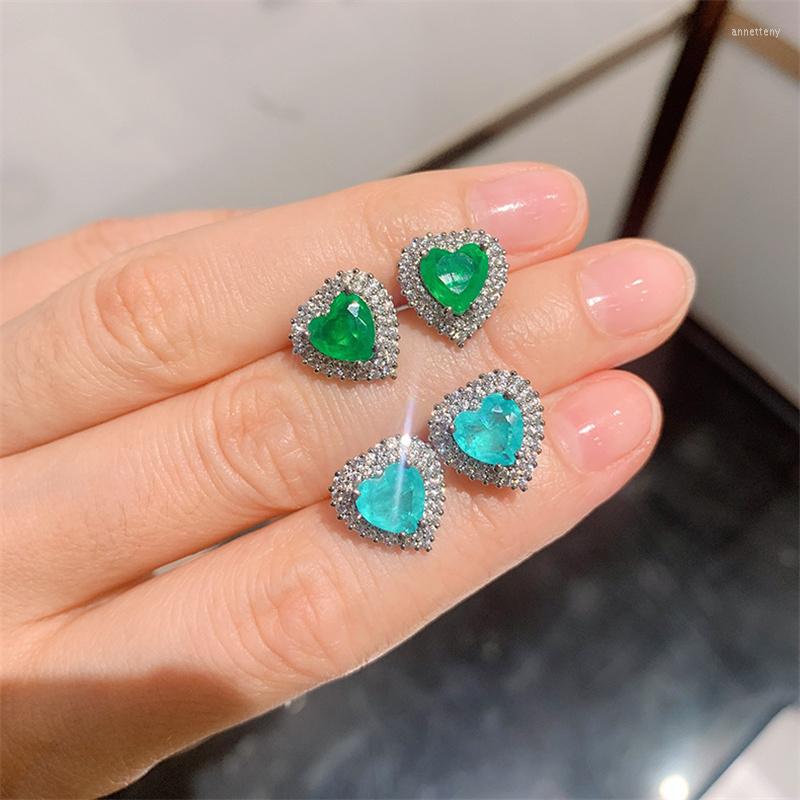 

Stud Earrings QRetro Silver Color Natural Heart Stone Lab Emerald Paraiba Tourmaline For Women Ear Jewelry