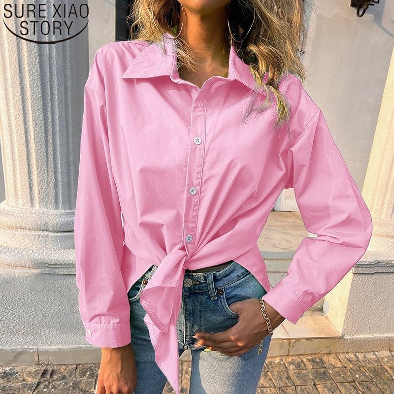 

Women' Blouses & Shirts Autumn Women Shirt Solid Long Sleeve Casual Blouse Clothing Office Lady Loose Turn Down Collar Blusas Button Tops 2, White