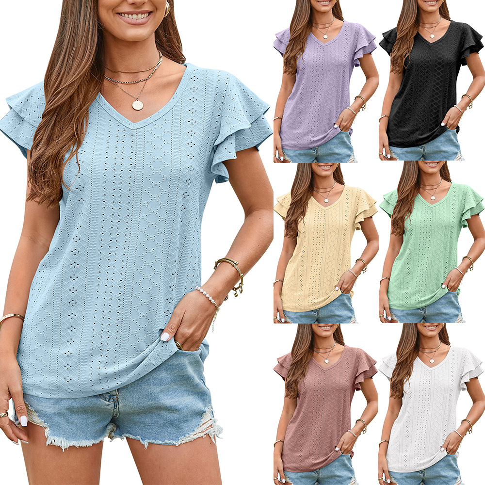 

Summer 2023 new cross-border European and American women's T-shirt hole hollow ruffle sleeve casual top, Silver