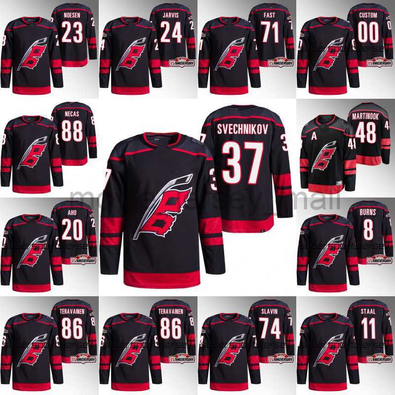 

Martin Necas Hurricanes Hockey Jerseys Sebastian Aho Carolina Andrei Svechnikov Brent Burns Brady Skjei Martinook Teuvo Teravainen de Haan, Red home+25th ptach