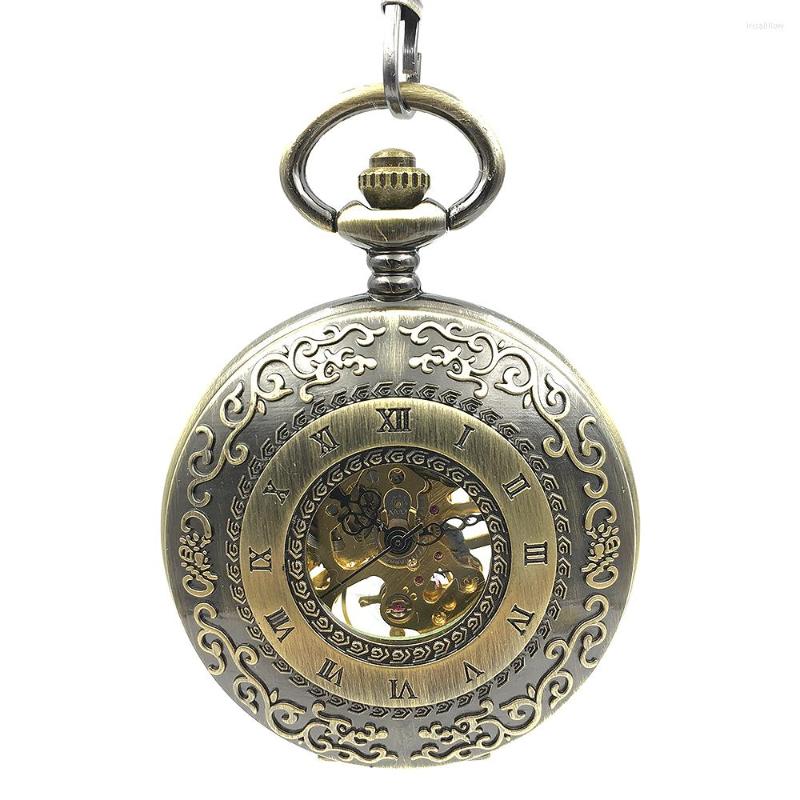 

Pocket Watches Bronze Tone Roman Number Hollow Case Classic Half Arabic Dial Mechanical Hand Wind Watch W/Chain Relogio De Bolso, Picture shown