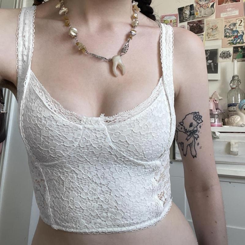 

Women' Tanks Chic Retro Cute Lace Crop Tops Fairycore Y2K Vintage White Mini Vest Korean Harajuku Grunge Backless Tank Top Camisole Women