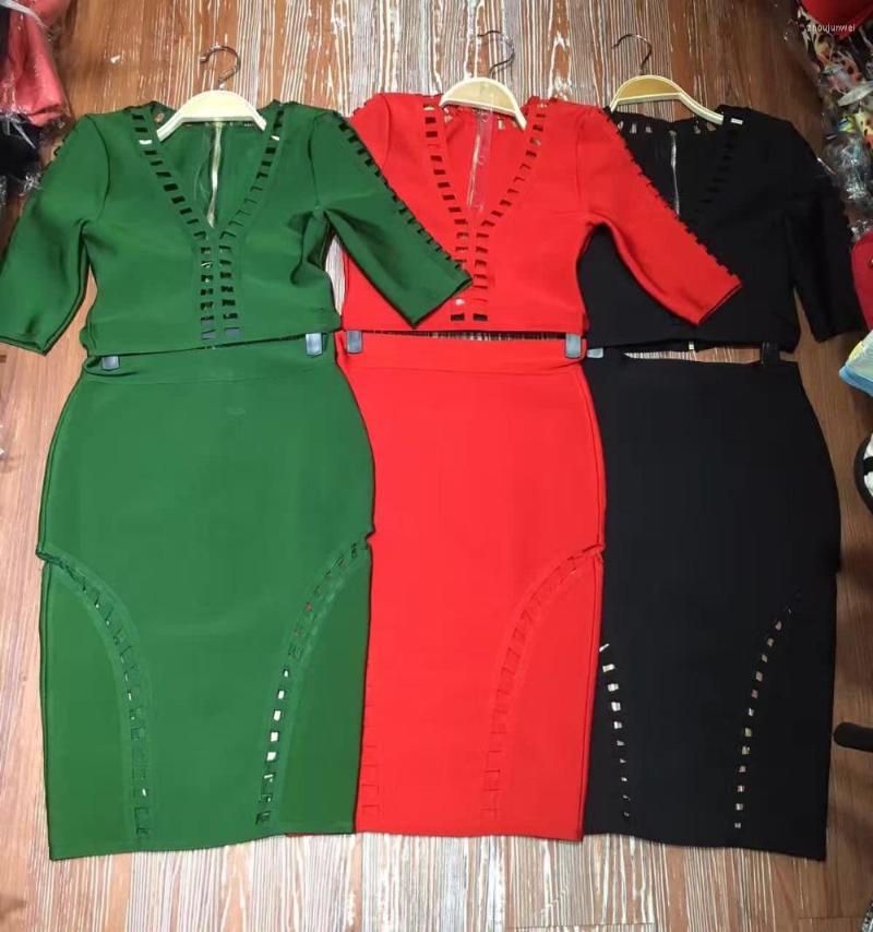 

Party Dresses 2023 Black Green Midi Sleeve Hollow Out Bandage 2 Piece Sets Dress Wholesale Drop