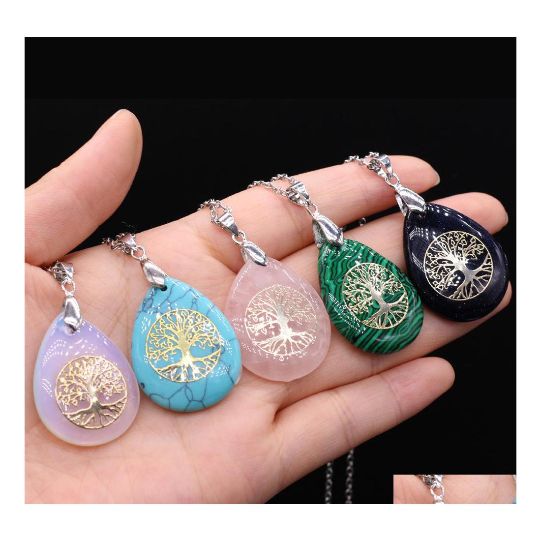 

Pendant Necklaces Waterdrop Tree Of Life Symbol Reiki Healing Natural Stone Necklace Chakra Amethyst Pink Rose Crystal Link Chain Ca Dhjgy