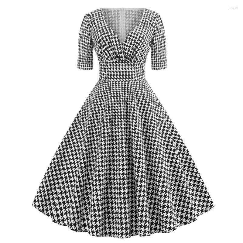 

Party Dresses 2023 Summer Women Vintage Plaid Dress Sexy V Neck Half Sleeve Robe Retro Casual Rockabilly 50s 60s Houndstooth Swing, Black houndstooth