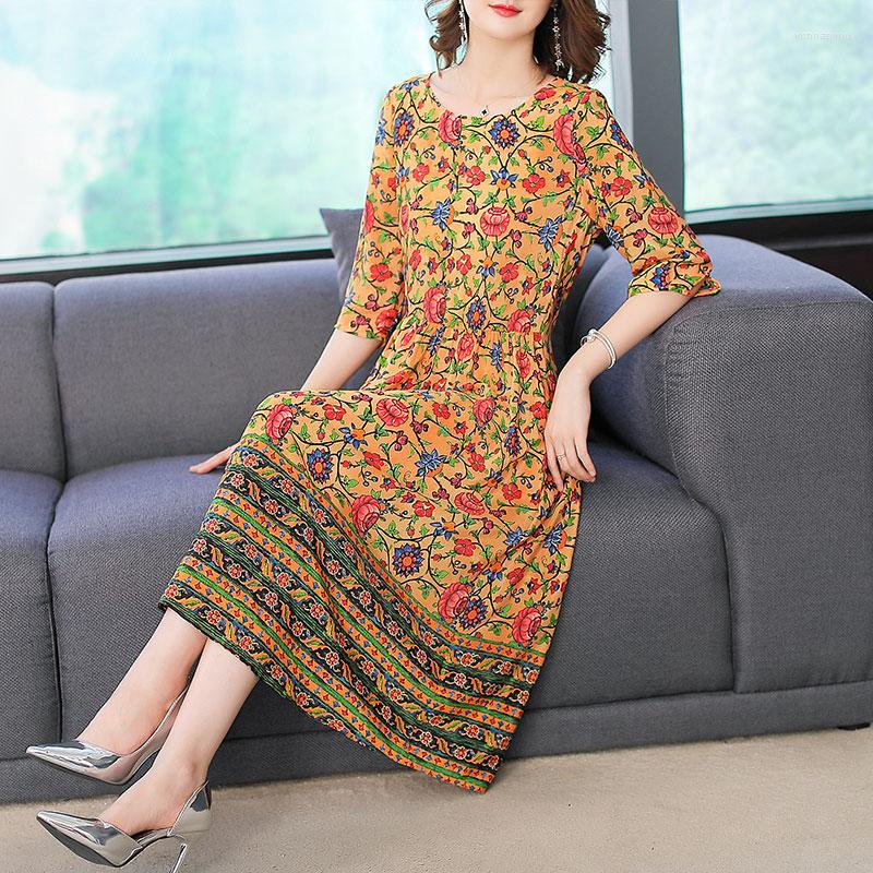 

Party Dresses Imitate Real Silk Dress Sweet Women Clothes Summer Fashion Half Sleeved Print Lady's Casual, As the picture