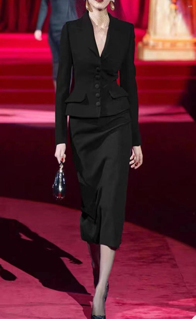 

Skirts Elegant Office Ladies Black Skirt Set Autumn 2023 Fashion Women Slim Blazer With Buttons Sexy Pencil Long