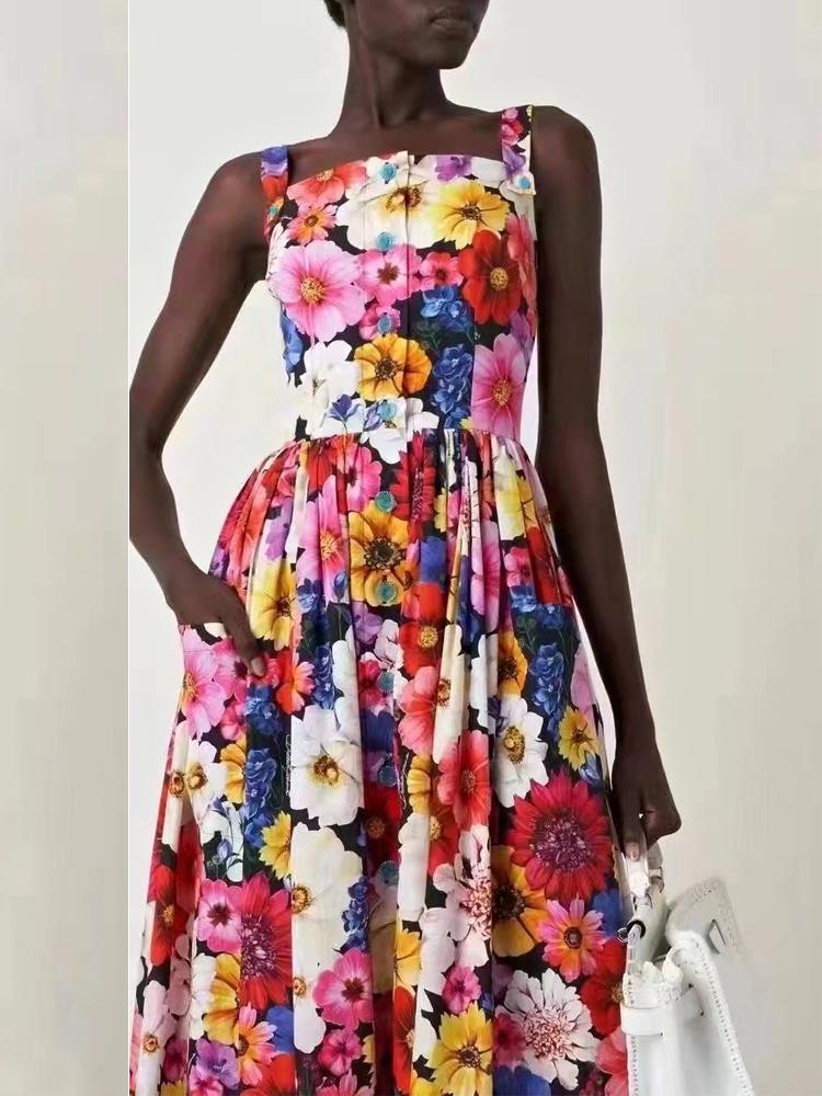 

Casual Dresses High Quality Women' 2023 Summer Delicate Buttons Vintage Fashion Print Party Sexy Boho Suspenders DressCasual, Mixed color