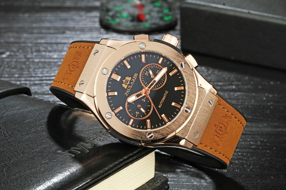 

Wristwatches Retro Style Men Automatic Mechanical Watch Genuine Leather Band Mens Self Winding Wrist Watches Luxury Business WristwatchWrist, Color-2