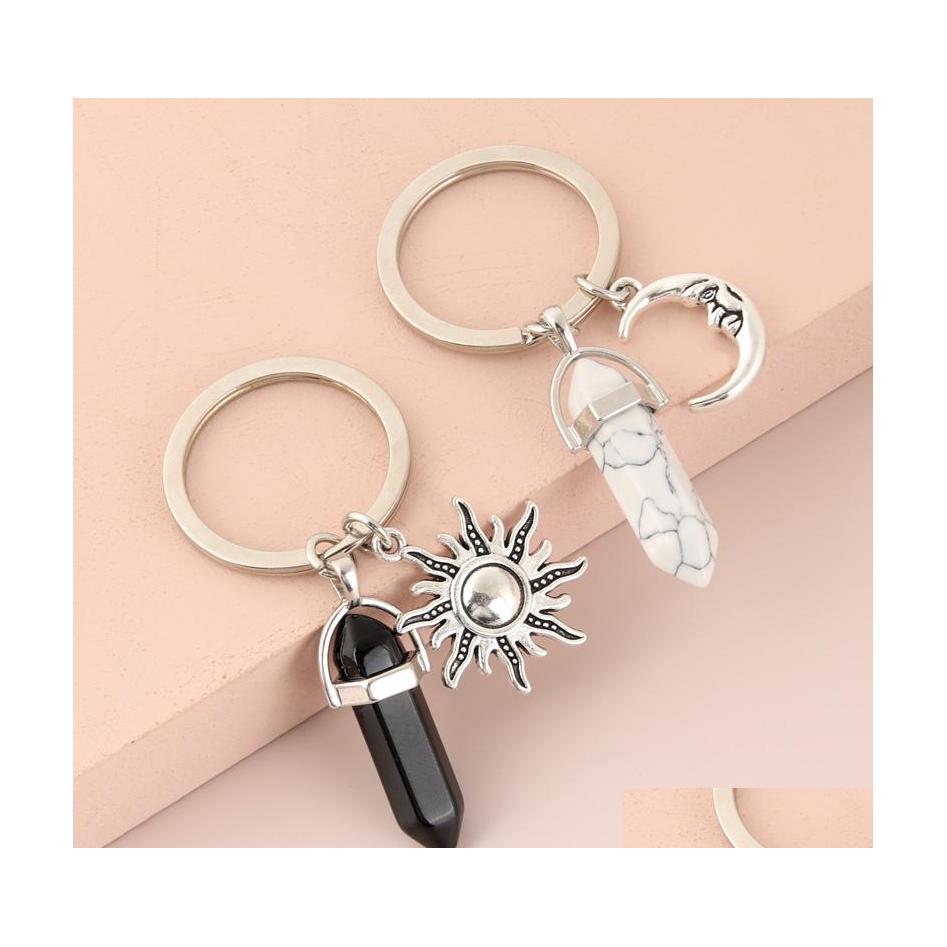 

Key Rings Natural Opal Stone Keychain Women Hexagonal Column Chains With Sun Moon Jewelry Couple Friends Drop Delivery Dhqxd