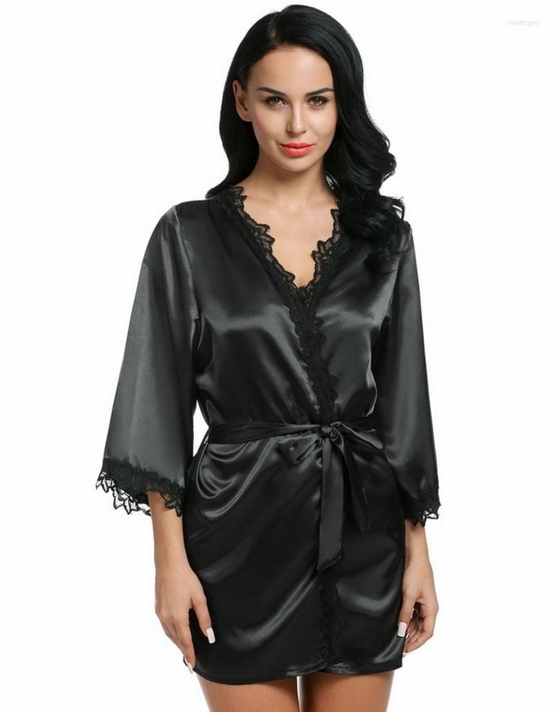 

Women' Sleepwear Women Sexy Nightwear Plus Size Lace-trimmed Satin Female Bathrobes Lounge Robe Casual Loose Home Clothing, Black