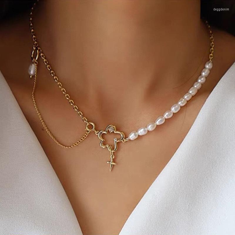 

Pendant Necklaces Vintage Flower Pearl Necklace Natural Gold Plated Mixed Chain Chokers Fashion Jewelry Party Accessories