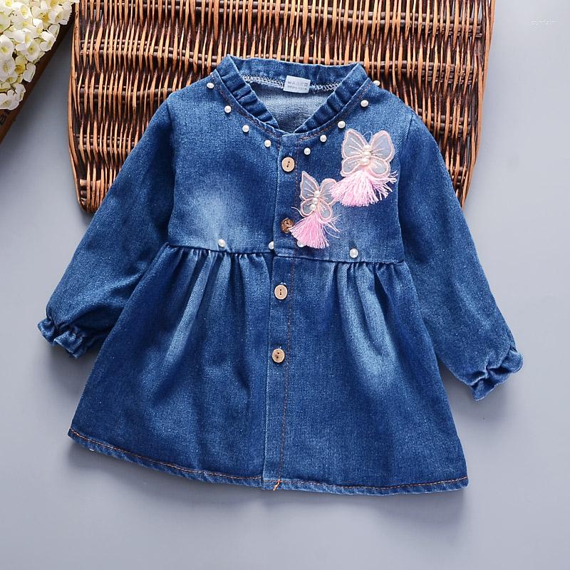 

Girl Dresses Fashion Girls Denim Dress Baby Soft Cotton Long-sleeve Flower-embroidery Kids Dress-style Blouses, Beige
