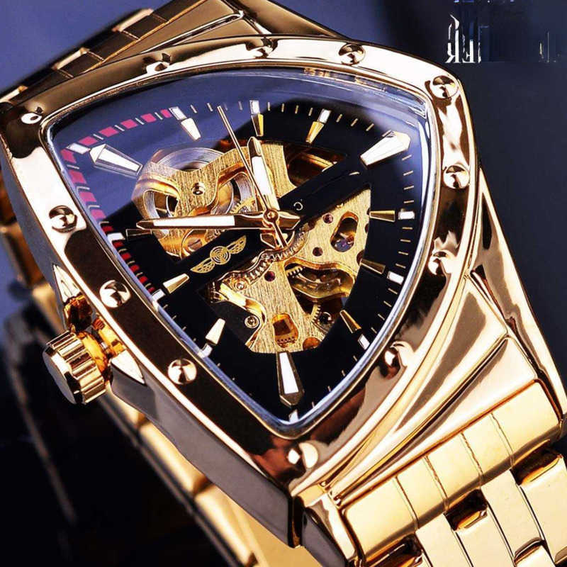 

Wrist watch Winner Steampunk Swiss design man double-sided skeleton transparent gold steel stainless automatic mechanical for