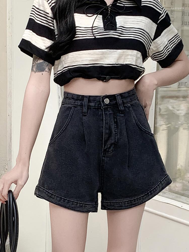

Women's Shorts Ailegogo Spring Summer Women Wide Leg Button Denim Casual Female Loose High Waist Jeans Ladies Bottoms, Black grey
