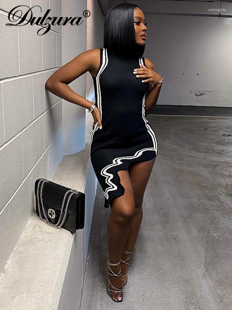 

Casual Dresses Dulzura Stripe Print Women High Neck Irrigural Midi Dress Bodycon Sexy Club Outfit Party Fashion Festival Clothing Wholesale, Black