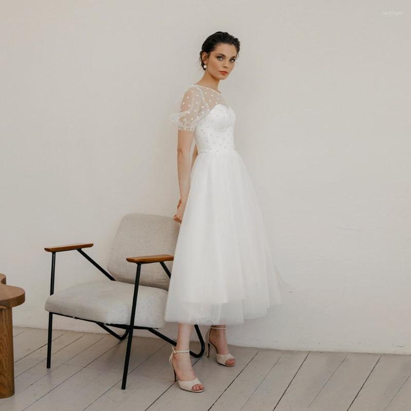 

Wedding Dress Pretty Short Engagement With Sleeves Elegant Ankle Length Bridal Gown For Girl A Line Robe De Mariage Femme, Champagne