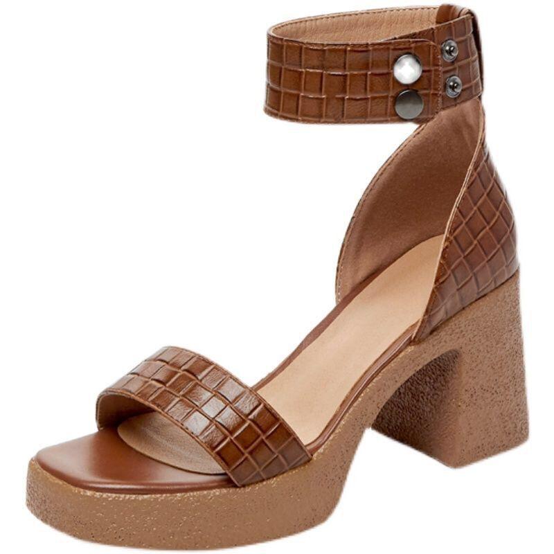 

Dress Shoes Genuine Leather Women Sandals 2023 Fashion Square High Heels Party Summer Platform Ladies Pumps Size 35-40, Black