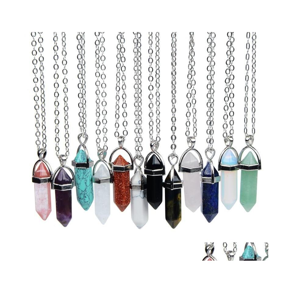 

Pendant Necklaces Natural Stone Hexagonal Column Tiger Eye Opal Pink Quartz Crystal For Women Reiki Heal Pendum Charms Drop Delivery Dhep3