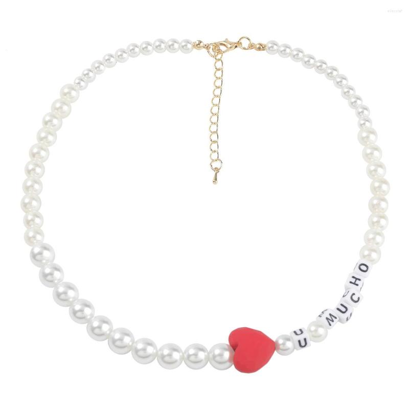 

Choker Handmade Imitation Pearl Beads Charm Red Heart Pendant Necklace For Women Fashion Beach Jewelry Strand Clavicle Gifts