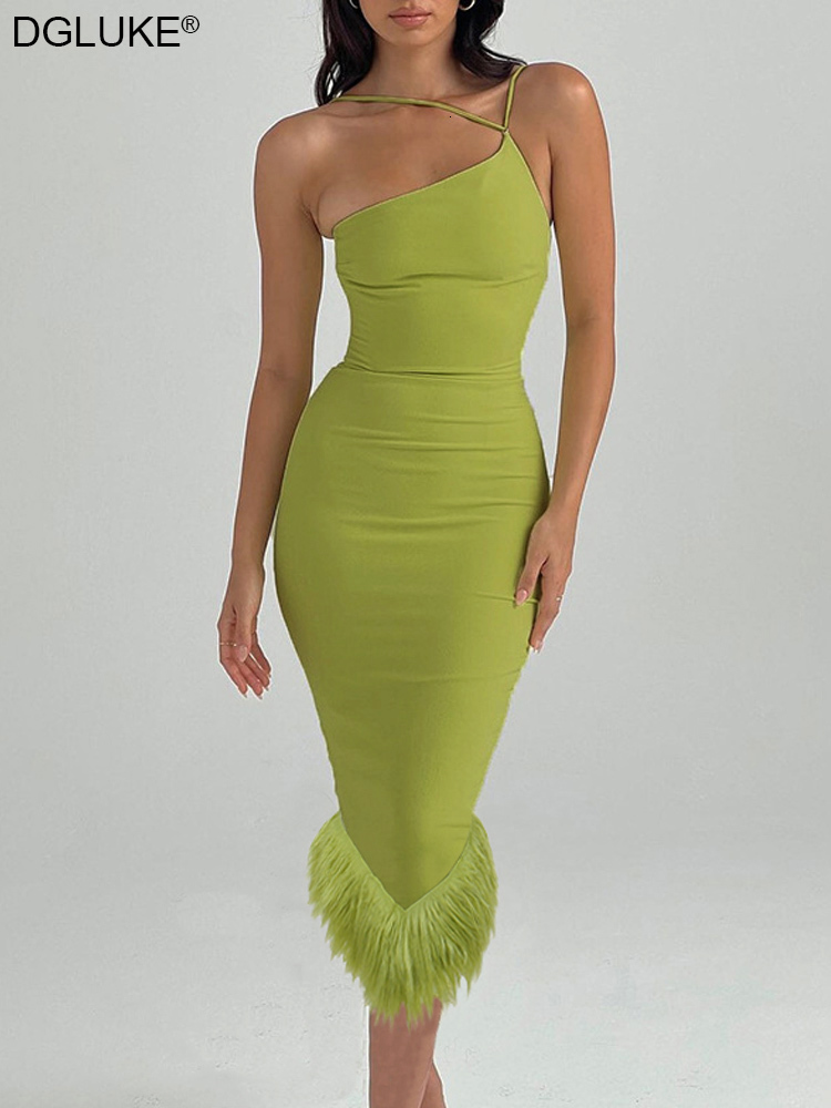 

Casual Dresses One Shoulder Evening For Women Summer Elegant Birthday Party With Feather Backless Bodycon Midi Black 230217, Green