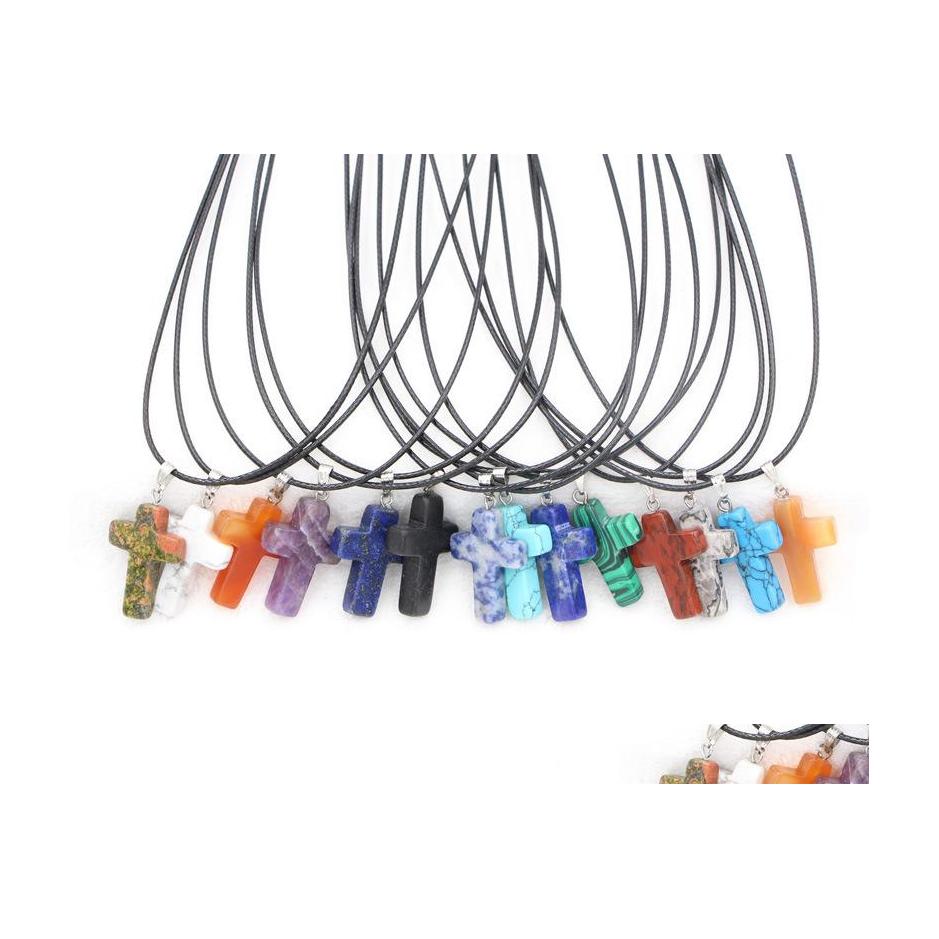 

Pendant Necklaces Fashion Opal Turquoise Natural Stone Druzy Cross Jewelry With Leather Chain Necklace Drop Delivery Pendants Dhs6X