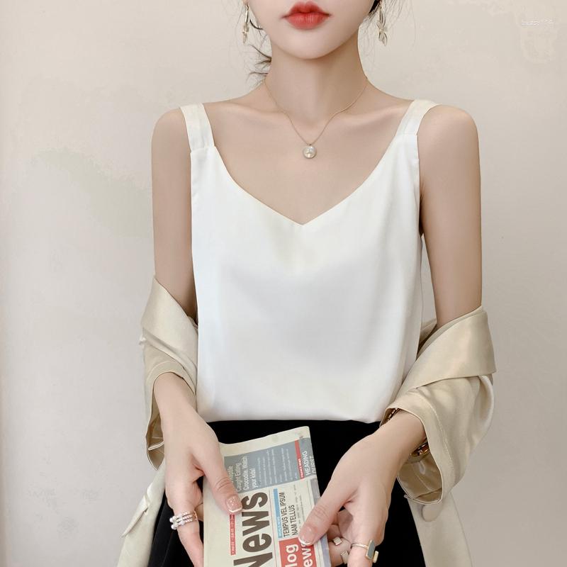 

Women' Tanks Silk Camisole Ladies Summer Suit Inside V-Neck Satin Bottoming Vest 2023 Thin Loose Sleeveless Sling Tops Small Shirt Trend, Champagne