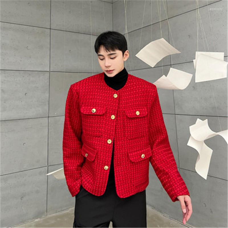 

Men's Jackets Christmas Red Jacket Men Luxury Weave Material Designer Outwear Turn-down Collar Coat Korean Style Overcoat Youth Man Clothes