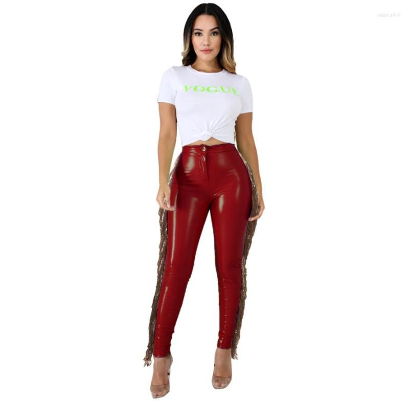 

Women' Pants Pink Pu Leather Women Tassel Elegant Party Sheath Faux Brown High Waisted Hipster Pencil Trousers, Black