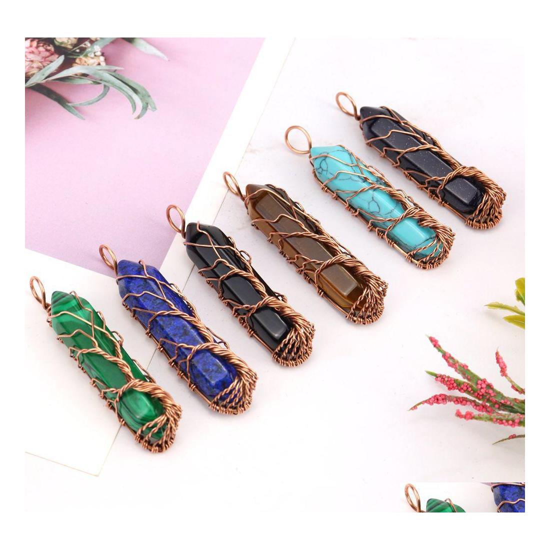 

Pendant Necklaces Healing Crystal Natural Stone Hexagon Pillar Charms Twine Copper Tree Of Life Wire Wrap Amethyst Tiger Eye Yydhhom Dhv4T